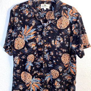 Island Shores Washable Silk Black Orange Hawaiian Shirt Floral Button Up